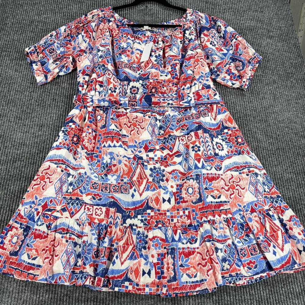 LOFT Dress Womens XL Multicolor Patchwork Belted Ruffle Hem Fit & Flare Summer
